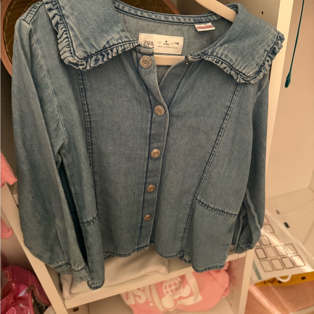 Zara Light Blue Denim Shirt with Ruffled Collar